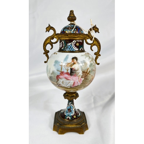 644 - A French Champleve and gilt metal mounted lidded vase with porcelain painted scene of a woman, ht. 2... 