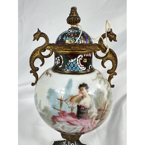 644 - A French Champleve and gilt metal mounted lidded vase with porcelain painted scene of a woman, ht. 2... 