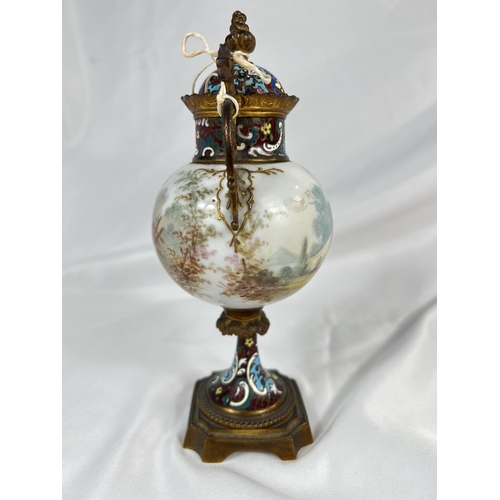 644 - A French Champleve and gilt metal mounted lidded vase with porcelain painted scene of a woman, ht. 2... 