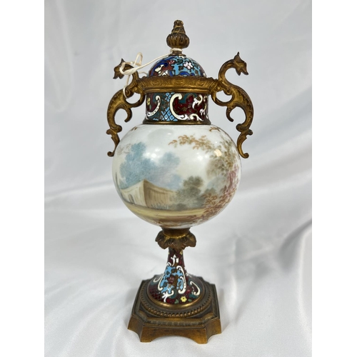 644 - A French Champleve and gilt metal mounted lidded vase with porcelain painted scene of a woman, ht. 2... 