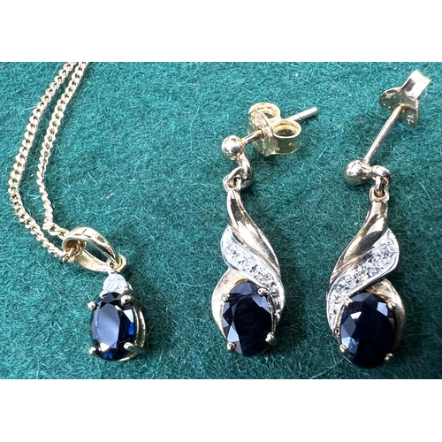 719 - A 9ct gold pendant  and earrings set with blue stone, 4.9gms