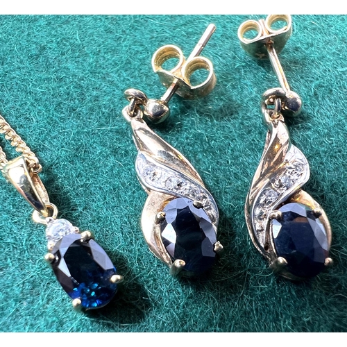 719 - A 9ct gold pendant  and earrings set with blue stone, 4.9gms