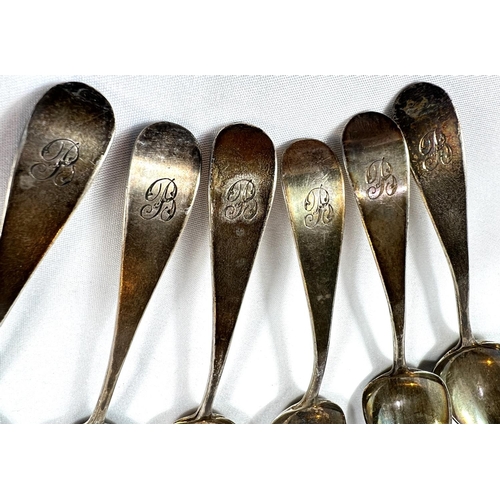 720A - A set of six Georgian hallmarked silver spoons with monogrammed B to top 2.9oz