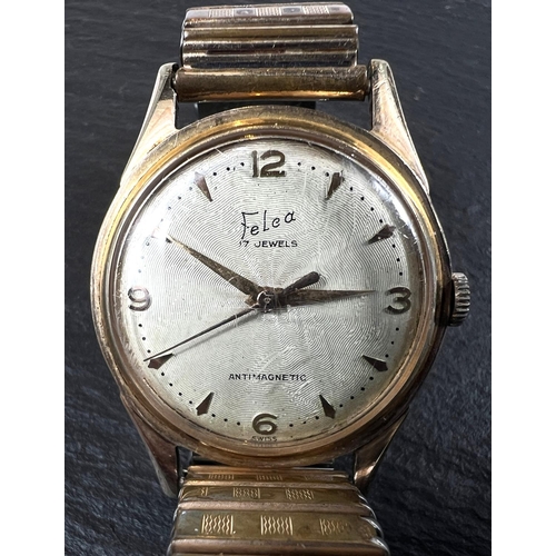 721 - A mid century Felca 17 jewels gents wristwatch, gilt cased, with fixo-flex bracelet; a mid century S... 