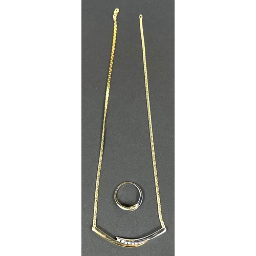 726 - A modernist 2 colour pendant set with 8 small diamonds on flattened link chain, stamped 750 and a ma... 