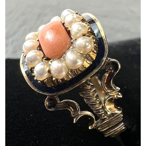 754 - A 19th century 15ct mourning ring set with a rectangular coral surrounded by 12 seed pearls in black... 