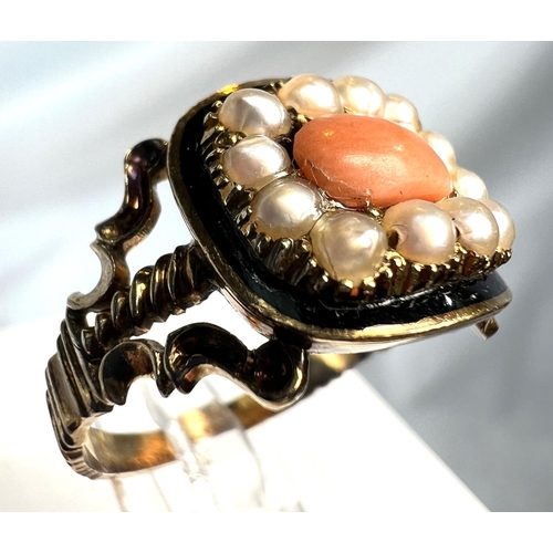 754 - A 19th century 15ct mourning ring set with a rectangular coral surrounded by 12 seed pearls in black... 