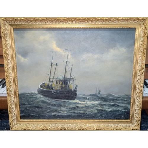 898A - Jack Rigg (British 1927-2023): oil on board, fishing trawler on choppy waters, signed and framed.