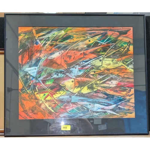 905 - A modernist oil on canvas of brightly coloured fish, signed indistinctly, framed and glazed.