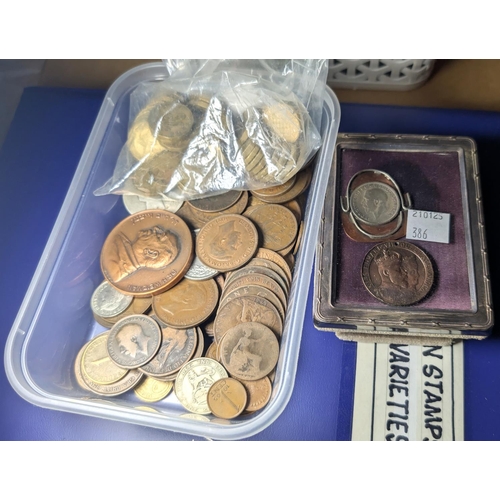 386 - A selection of GB pre-decimal and foreign coins and a 1967 'United Israel Appeal' bronze medal.