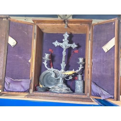 427 - A late 19th/early 20th century priest's last rites sick call oak cased set including silver plated c... 