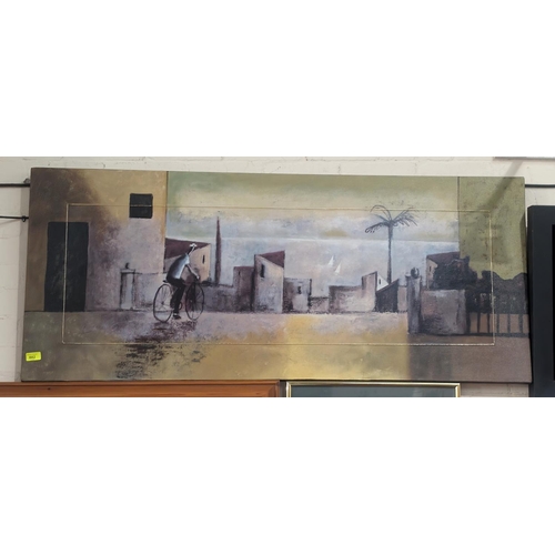 882 - Modernist school: Man on a bicycle in continental town, oil on canvas, unsigned, 60 x 140cm.