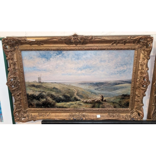 906 - E. Steel, a pair of 19th century British school oil paintings of shepherd and sheep with windmill to... 