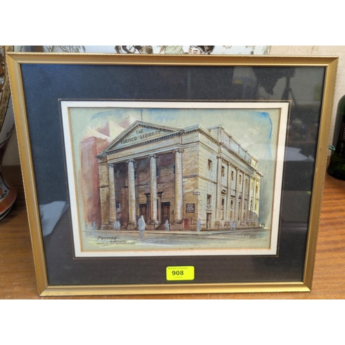 908 - PORTICO LIBRARY, Manchester, a watercolour by A. W. HANSON, 19 x 25cm. Presented to Ursula Birkett, ... 