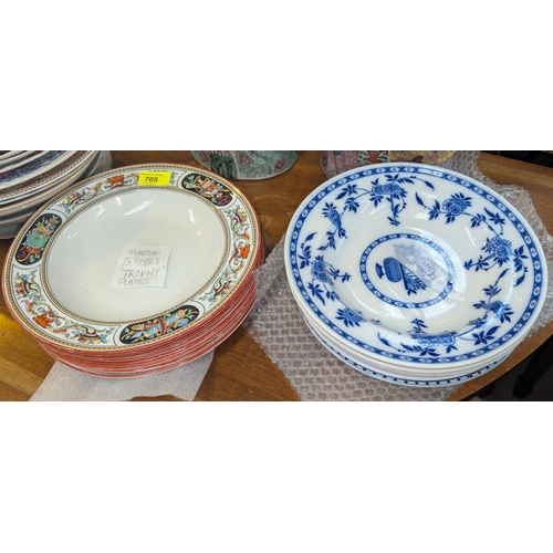 705 - A selection of Mintons 1868 'Trophy' plates, other similar 19th century and later ceramics.