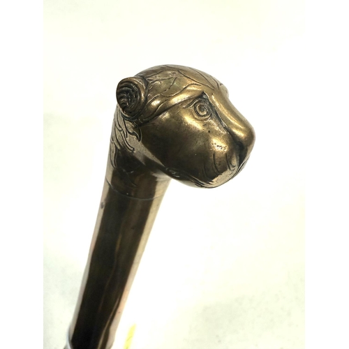 159 - A 19th Century Indian brass sword stick with simulated cane shaft and lion's head finial, 90cm.