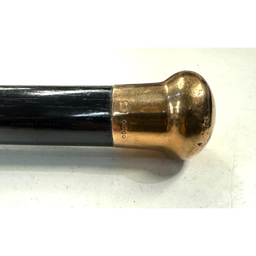 168 - A 19th Century gentleman's ebonised walking cane with 9 carat gold finial, 91cm.