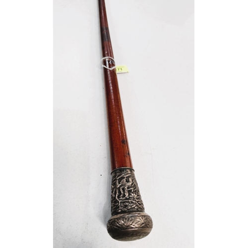 171 - A 19th Century gentleman's Malacca cane with Chinese silver finial decorated with genre scenes, 91cm... 