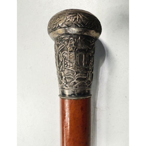 171 - A 19th Century gentleman's Malacca cane with Chinese silver finial decorated with genre scenes, 91cm... 