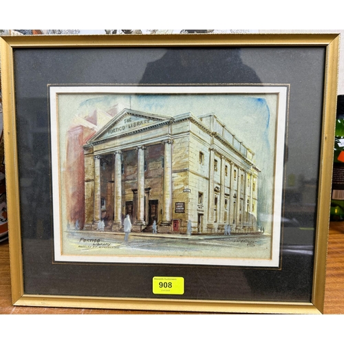 908 - PORTICO LIBRARY, Manchester, a watercolour by A. W. HANSON, 19 x 25cm. Presented to Ursula Birkett, ... 