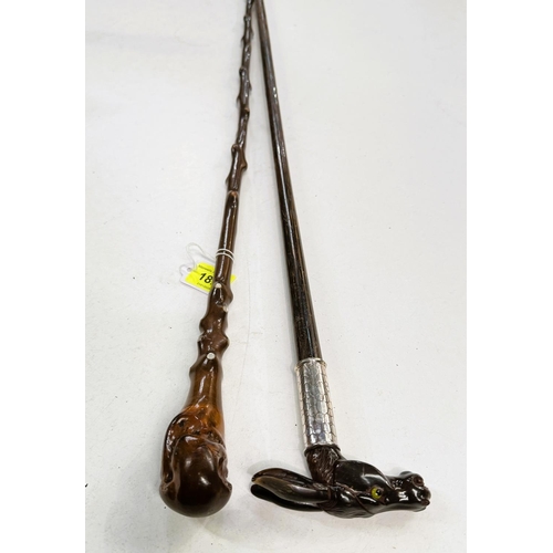 182 - A vintage walking cane with white metal collar and a carved horn handle in the form of a donkey's he... 