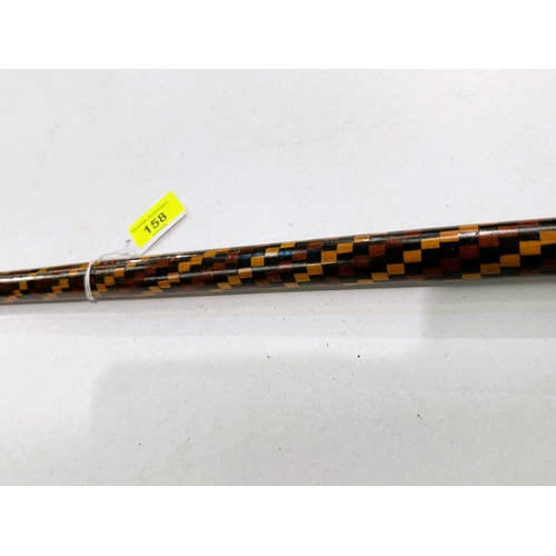 158 - An early 20th Century walking stick with coverall spiral geometric inlaid decoration, 80cm.