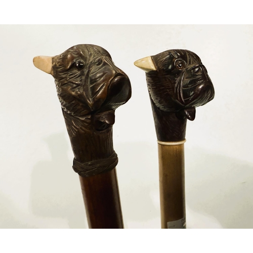 167 - An early 20th Century stick with carved wood finial of a bulldog with 'jaw clicker', 90cm, and anoth... 