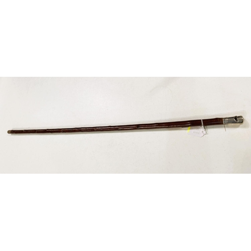 237 - An early 20th Century cherry wood walking stick with white metal whistle finial stamped Brigg, 84cm.