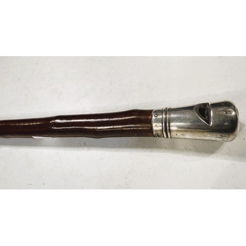 237 - An early 20th Century cherry wood walking stick with white metal whistle finial stamped Brigg, 84cm.