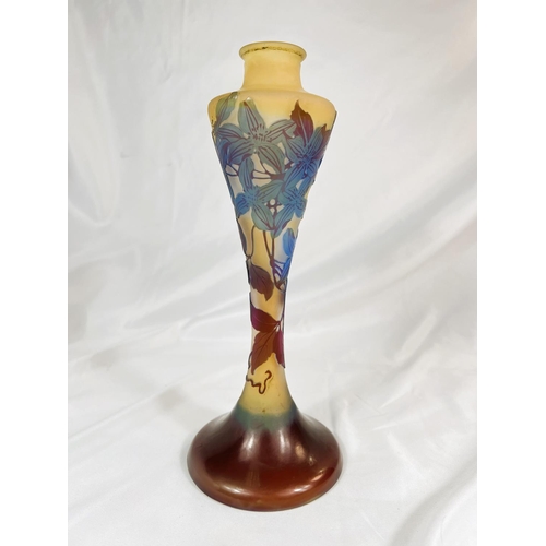 642 - Emile Galle, French overlaid glass lamp base, yellow ground with red highlights, ht. 29.5cm.