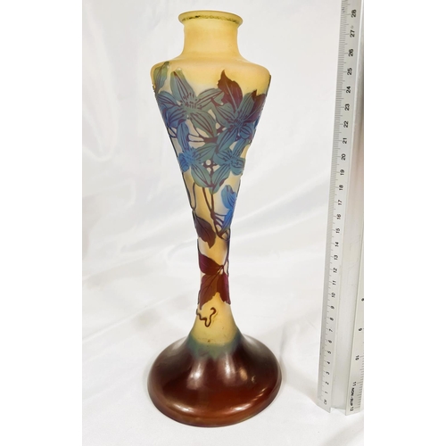 642 - Emile Galle, French overlaid glass lamp base, yellow ground with red highlights, ht. 29.5cm.