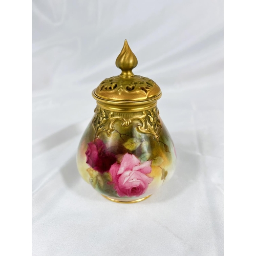 713 - A Royal Worcester baluster covered pot pourri vase, hand painted with roses, ht. 14cm.