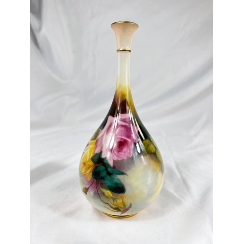 714 - A Royal Worcester baluster slender neck vase hand painted with roses and rose buds, ht 23cm.