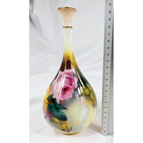 714 - A Royal Worcester baluster slender neck vase hand painted with roses and rose buds, ht 23cm.