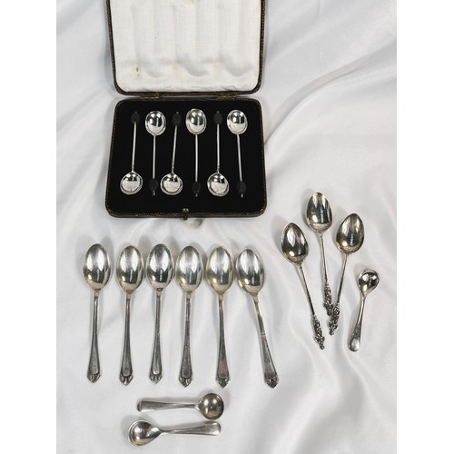 803 - A cased set of silver coffee bean spoons and a selection of other hallmarked silver spoons, gross 4.... 