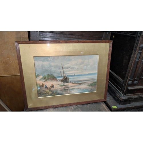 914A - Milton Drinkwater: watercolour of fishing boat on beach; John Lawton oil on canvas, similar scene.