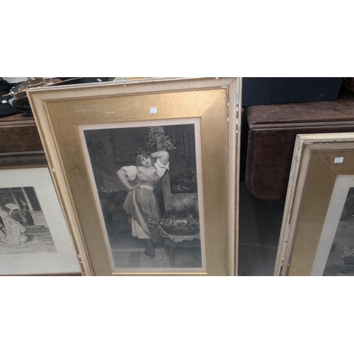 904 - After De Blaas, late 19th century French monochrome print of a woman posing, another similar of men ... 