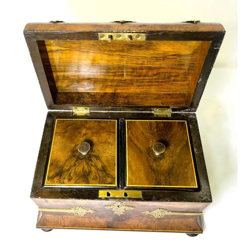 11 - A 19th century burr walnut dome top tea caddy with brass fittings, 2 internal compartments, length 2... 