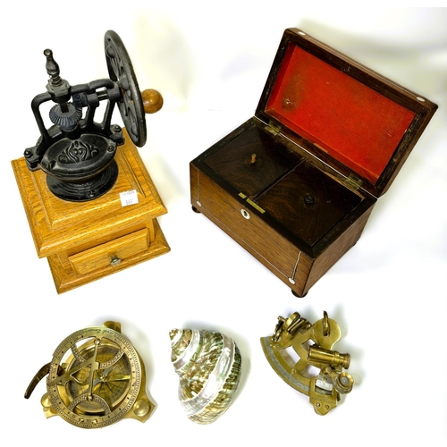 45 - A German pocket sextant, a brass compass, tea caddy etc