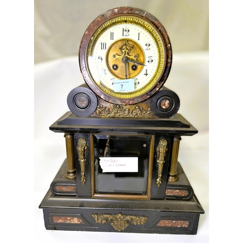 7 - A 19th century mercury pendulum slate clock garniture with escapement mount, architectural style and... 