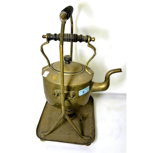 9 - An antique gilt footstool and an Arts & Crafts brass spirit kettle; a mahogany cased metronome a... 