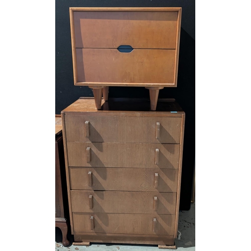 990 - An Art Deco chest of five drawers, height 101cm; a small mid 20th century chest of drawers; two book... 