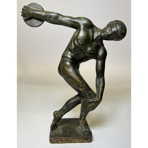 16 - A classical bronze of discus thrower, height 19cm and a small bronze of monkeys.