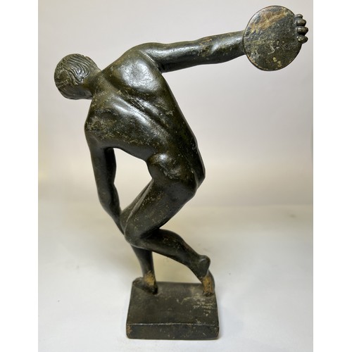 16 - A classical bronze of discus thrower, height 19cm and a small bronze of monkeys.