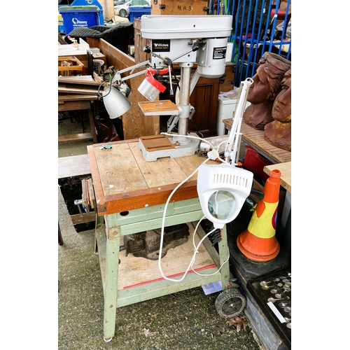 49 - A work table with pillar drill, clamps etc.