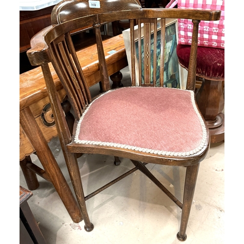 996 - An Edwardian mahogany inlaid corner armchair.