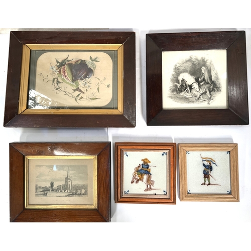 172 - Two polychrome continental tiles, 12cm square, framed, a 19th century watercolour still life of a fi... 