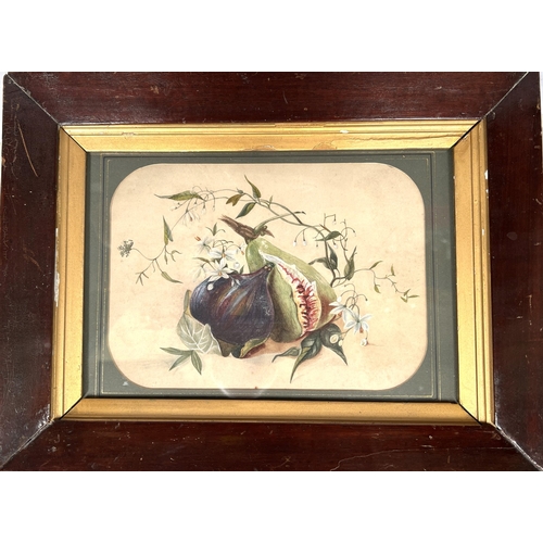 172 - Two polychrome continental tiles, 12cm square, framed, a 19th century watercolour still life of a fi... 