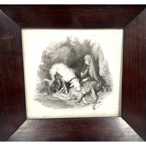 172 - Two polychrome continental tiles, 12cm square, framed, a 19th century watercolour still life of a fi... 