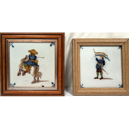 172 - Two polychrome continental tiles, 12cm square, framed, a 19th century watercolour still life of a fi... 